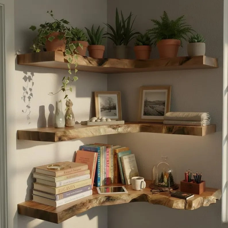 Rustic Teak Root Wood Corner Shelf - Solid Wood Handmade Shelves - Live Edge Dark Walnut Corner Shelf - Live Edge Corner Wall Shelf