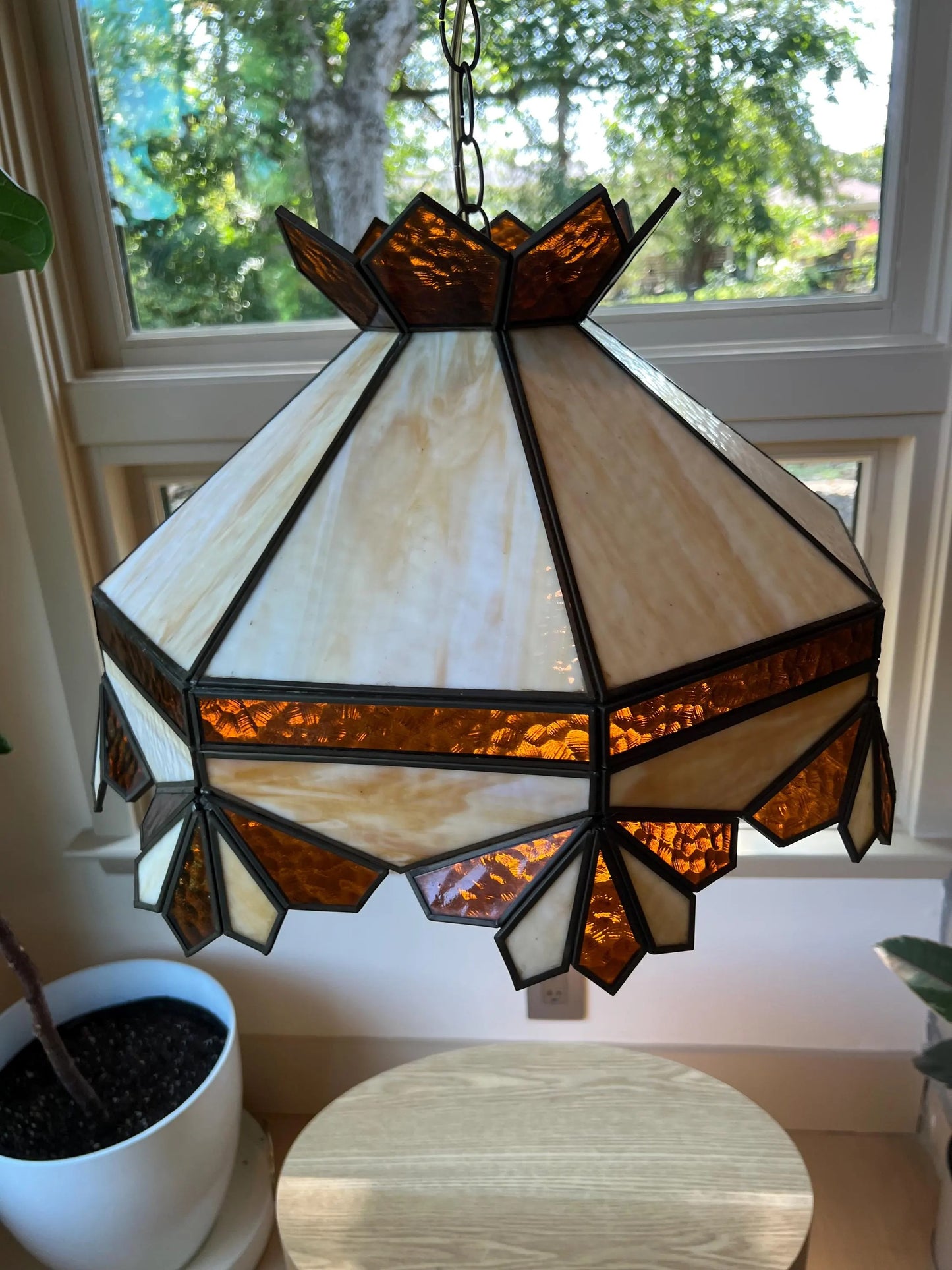 Vintage 1970s Stained Glass Pendant Lamp: Amber Cream Geometric ChandelierOLD -