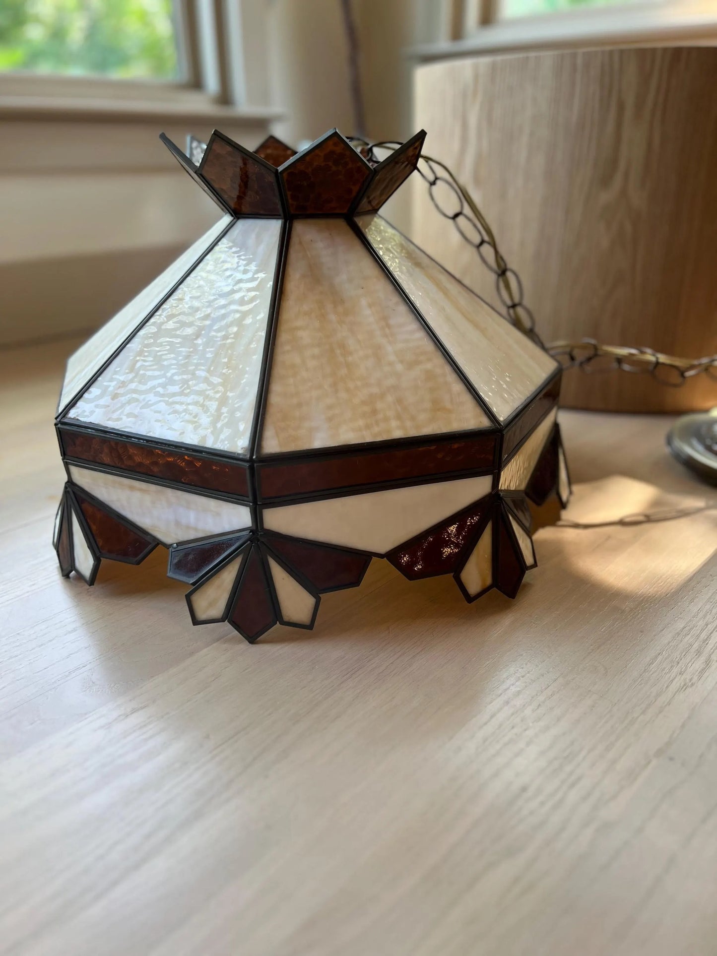 Vintage 1970s Stained Glass Pendant Lamp: Amber Cream Geometric ChandelierOLD -