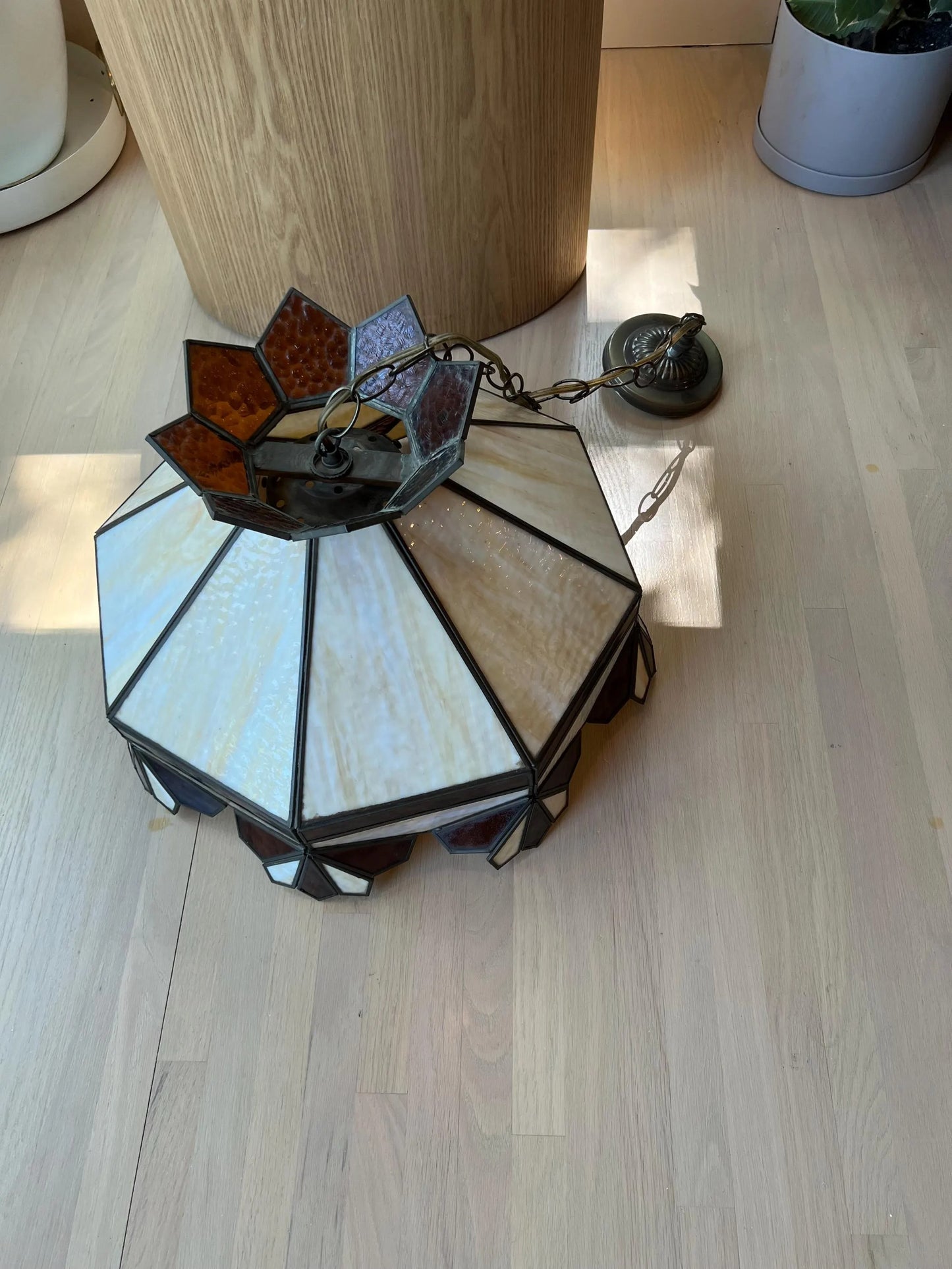 Vintage 1970s Stained Glass Pendant Lamp: Amber Cream Geometric ChandelierOLD -