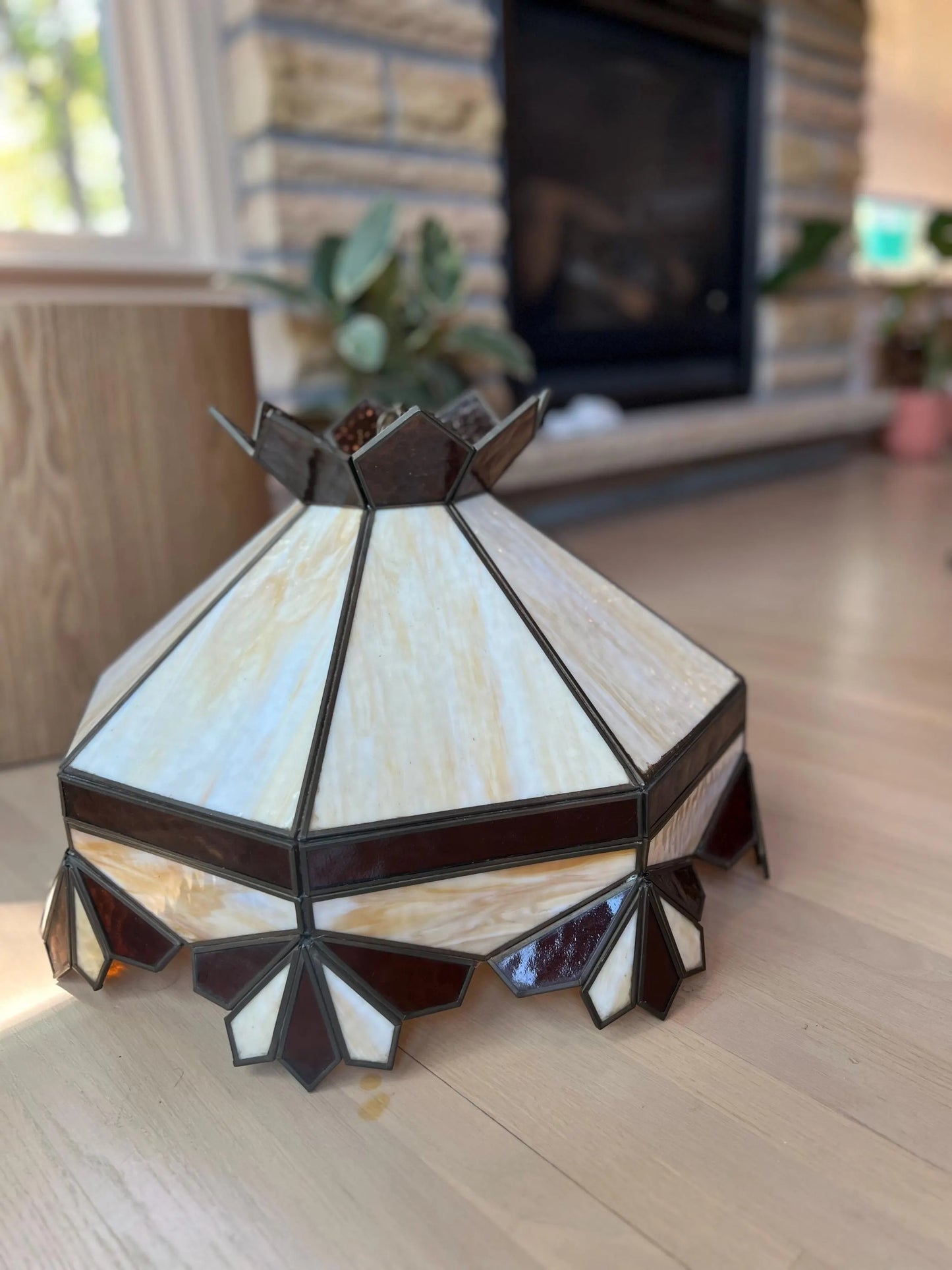Vintage 1970s Stained Glass Pendant Lamp: Amber Cream Geometric ChandelierOLD -