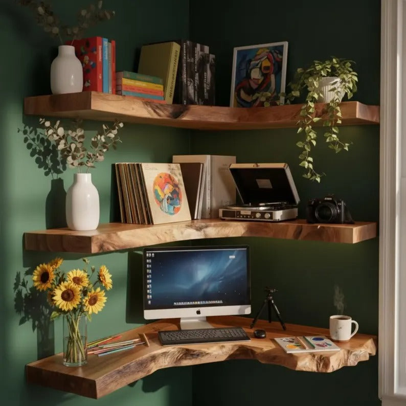 Rustic Teak Root Wood Corner Shelf - Solid Wood Handmade Shelves - Live Edge Dark Walnut Corner Shelf - Live Edge Corner Wall Shelf