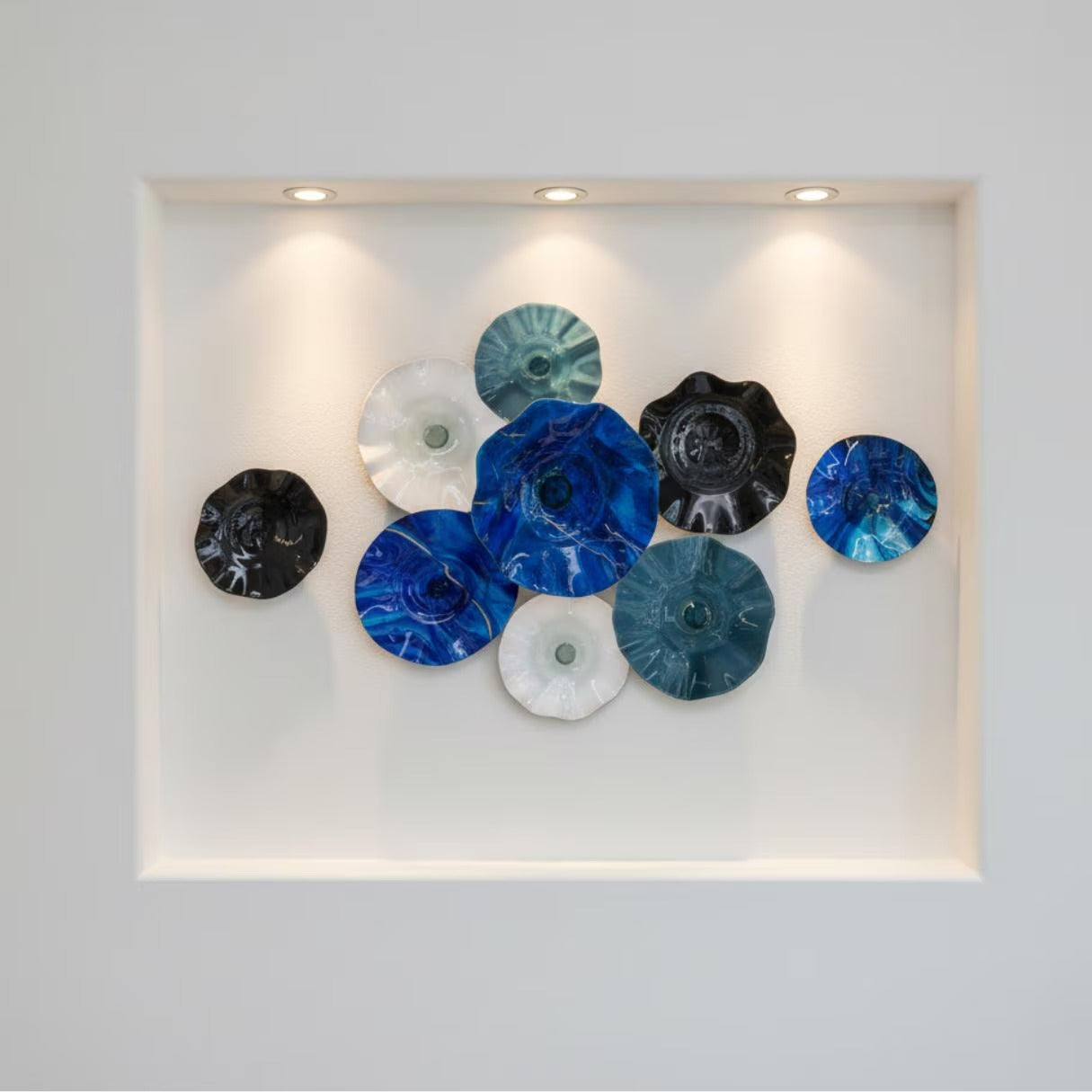 Blown Glass Wall Art: Coastal Inspired Colorful Bowls - 9 Piece Set