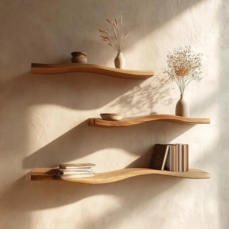 Handmade Live Edge Curved Wall Shelf: Wavy Floating Suar Wood Wall Decor