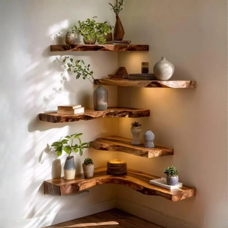 Handcrafted Live Edge Corner Wall Shelf, Rustic Wood Floating Shelf for Home Decor