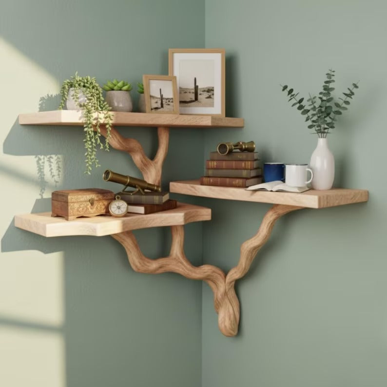 3-Tier Corner Shelf - Rustic Tree Branch Corner Shelf - Boho Style Corner Shelf - Solid Wood Book Shelve - Custom Driftwood Wooden Bookshelf