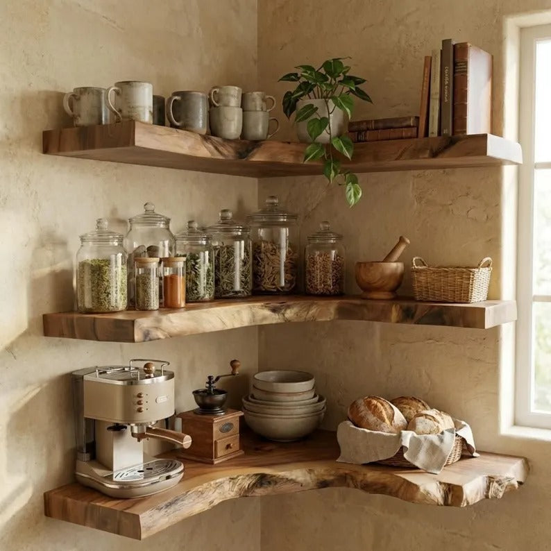 Rustic Teak Root Wood Corner Shelf - Solid Wood Handmade Shelves - Live Edge Dark Walnut Corner Shelf - Live Edge Corner Wall Shelf