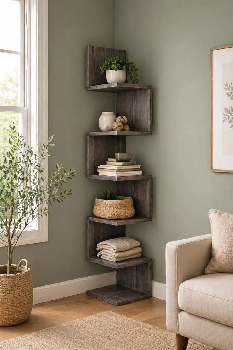 Corner Bookshelf | Solid Wood Modern Corner Shelf