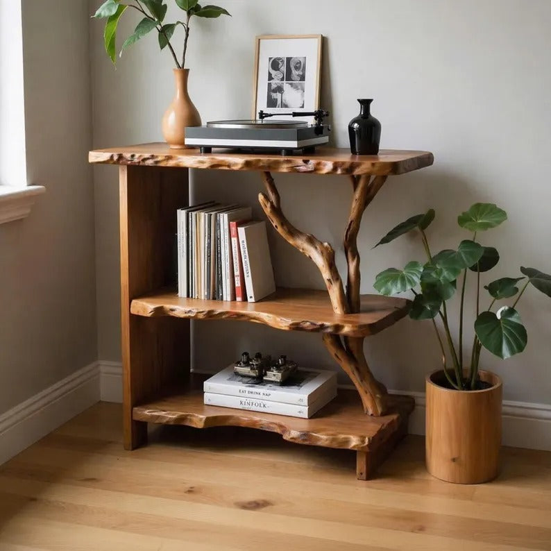 Night stand bookcase solid wood live edge bedside table tree branch book shelf handmade furniture