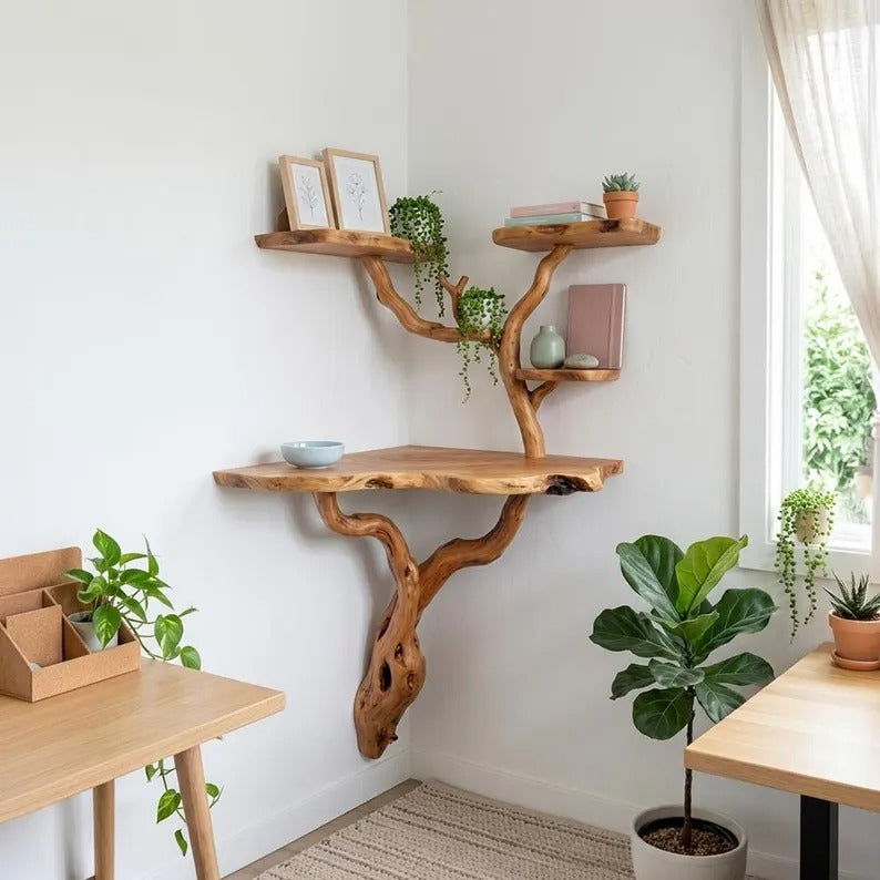 Tree branch corner wall shelf natural driftwood bookshelf decor rustic wood corner shelves art