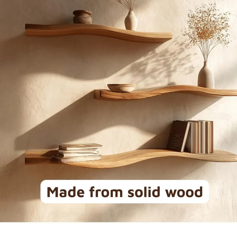 Handmade Live Edge Curved Wall Shelf: Wavy Floating Suar Wood Wall Decor