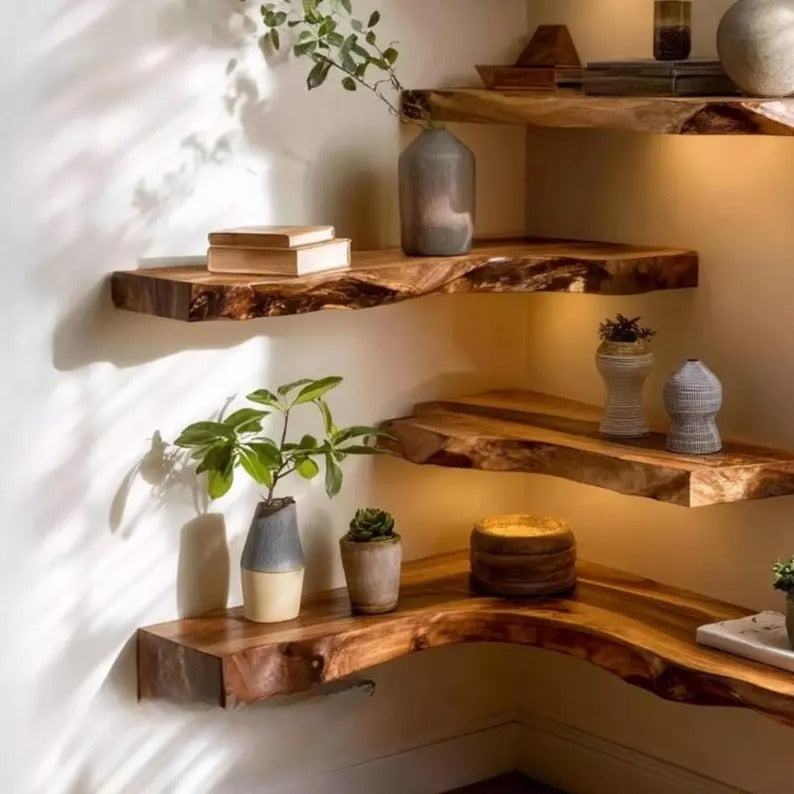 Handcrafted Live Edge Corner Wall Shelf, Rustic Wood Floating Shelf for Home Decor
