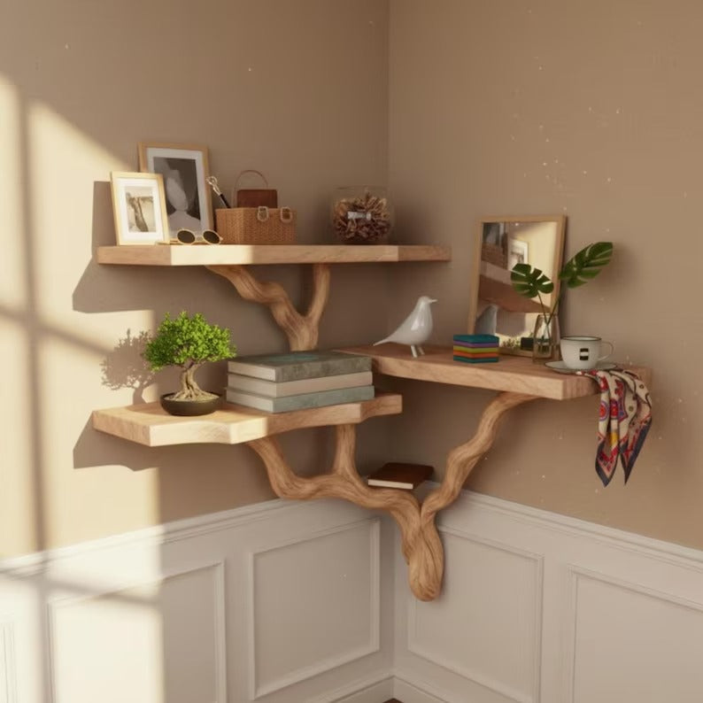 3-Tier Corner Shelf - Rustic Tree Branch Corner Shelf - Boho Style Corner Shelf - Solid Wood Book Shelve - Custom Driftwood Wooden Bookshelf