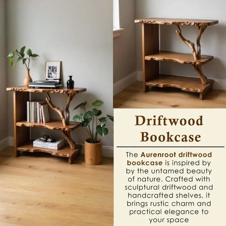 Night stand bookcase solid wood live edge bedside table tree branch book shelf handmade furniture