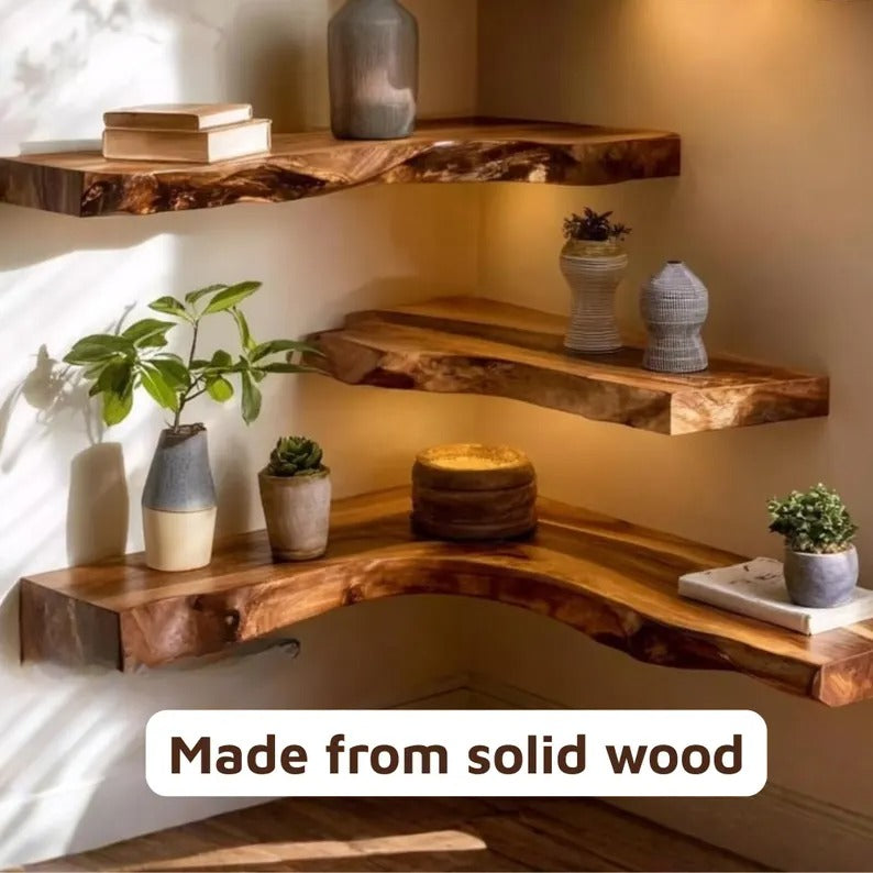 Handcrafted Live Edge Corner Wall Shelf, Rustic Wood Floating Shelf for Home Decor