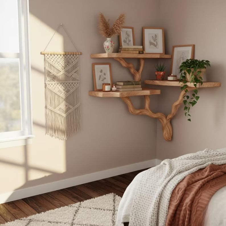 3-Tier Corner Shelf - Rustic Tree Branch Corner Shelf - Boho Style Corner Shelf - Solid Wood Book Shelve - Custom Driftwood Wooden Bookshelf