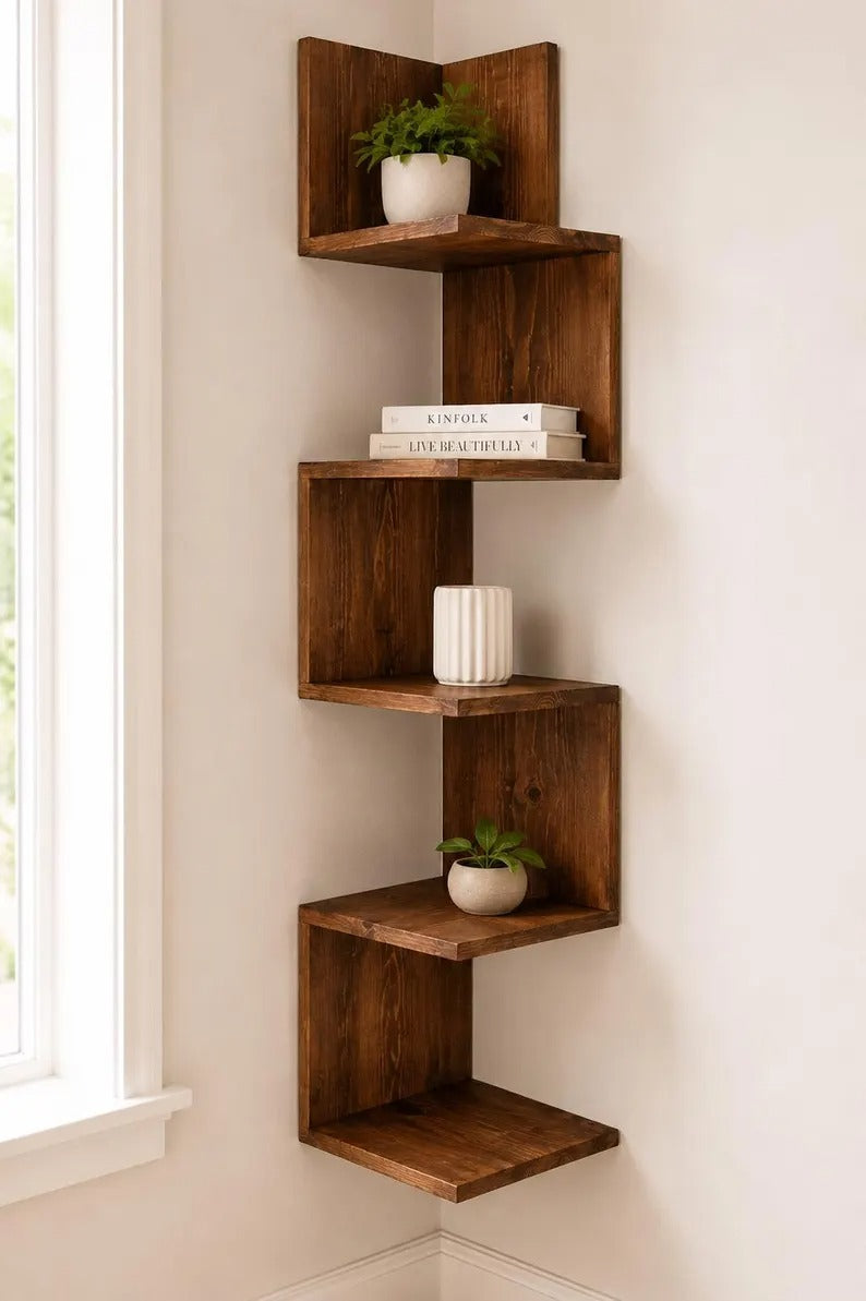 Corner Bookshelf | Solid Wood Modern Corner Shelf