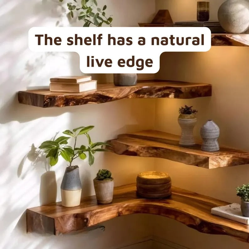 Handcrafted Live Edge Corner Wall Shelf, Rustic Wood Floating Shelf for Home Decor