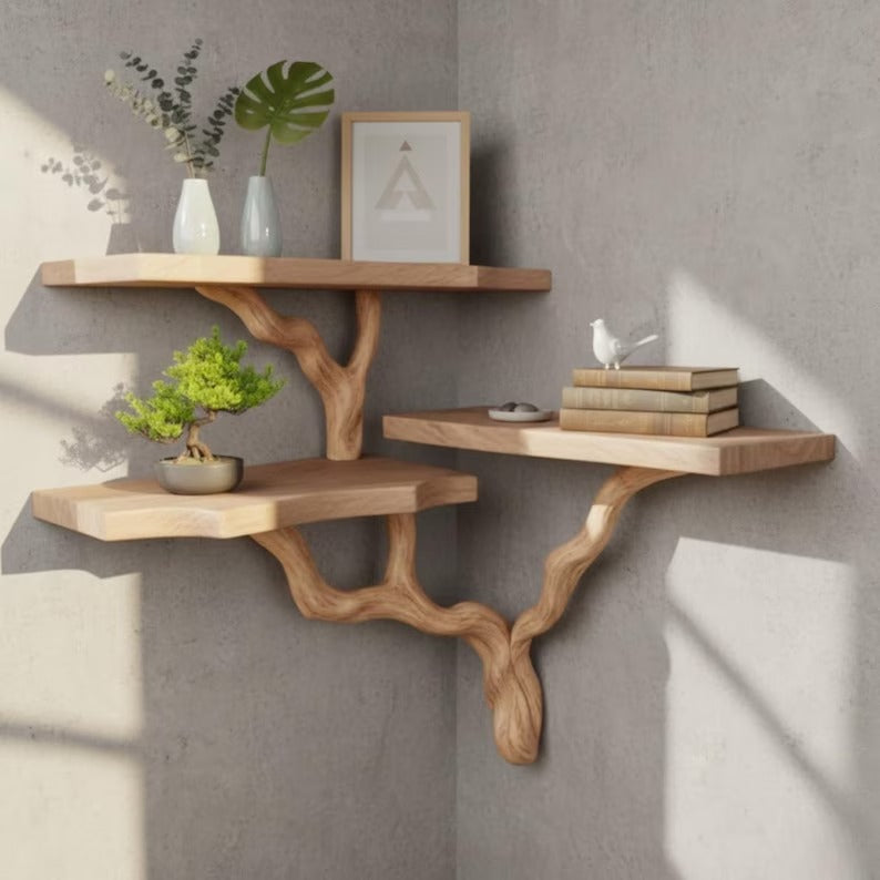3-Tier Corner Shelf - Rustic Tree Branch Corner Shelf - Boho Style Corner Shelf - Solid Wood Book Shelve - Custom Driftwood Wooden Bookshelf