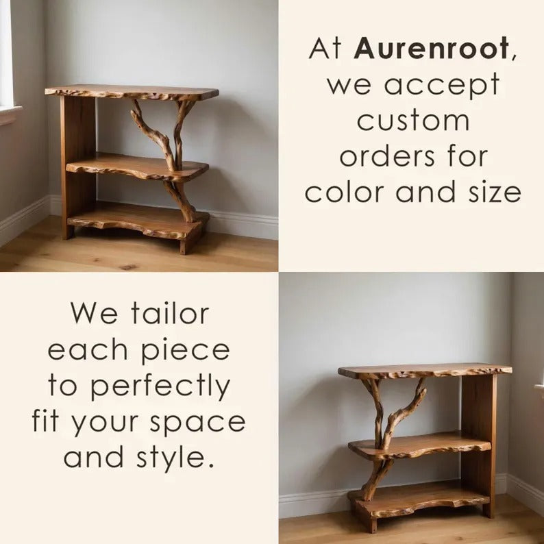 Night stand bookcase solid wood live edge bedside table tree branch book shelf handmade furniture