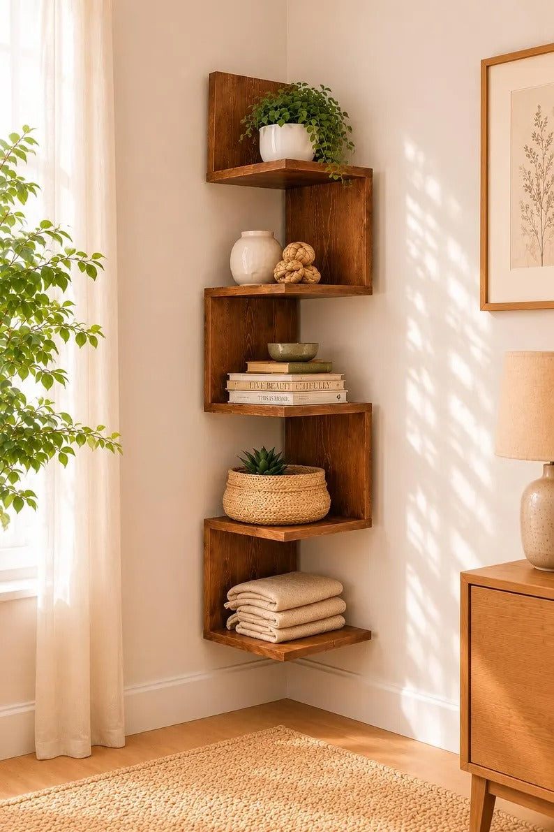 Corner Bookshelf | Solid Wood Modern Corner Shelf