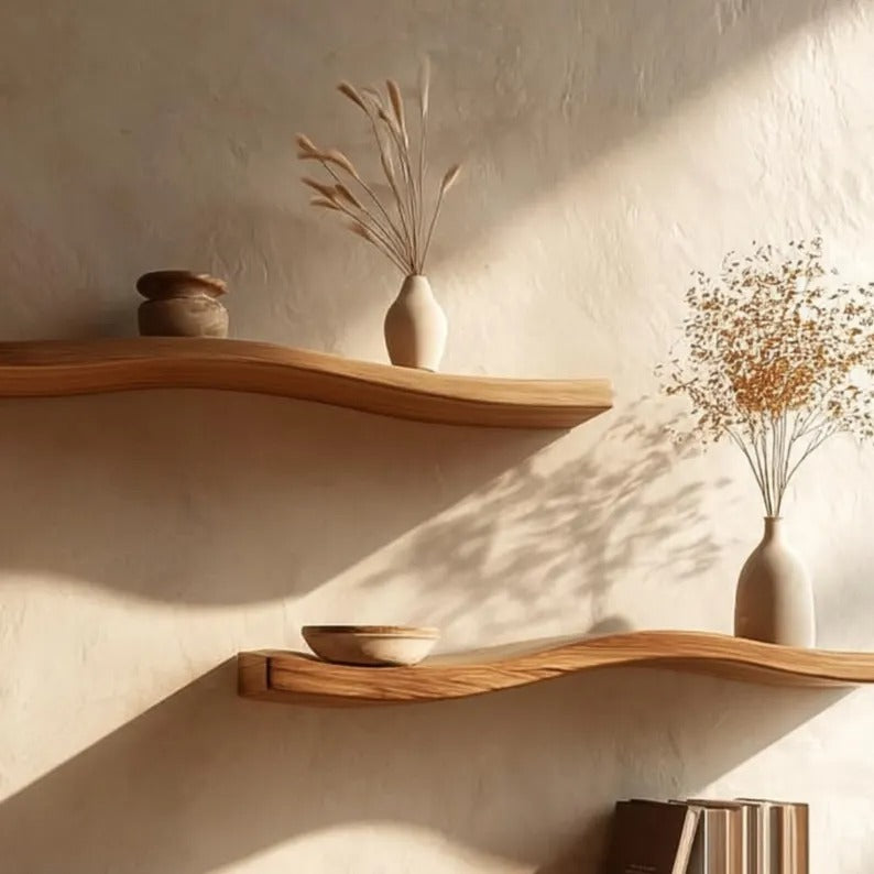 Handmade Live Edge Curved Wall Shelf: Wavy Floating Suar Wood Wall Decor
