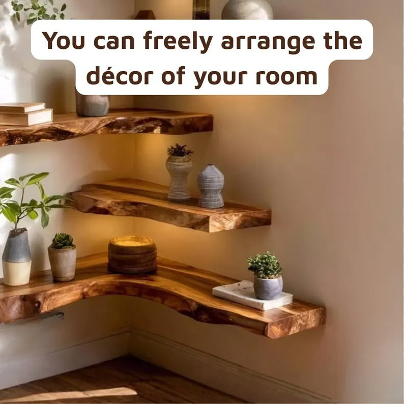 Handcrafted Live Edge Corner Wall Shelf, Rustic Wood Floating Shelf for Home Decor