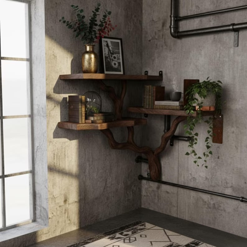3-Tier Corner Shelf - Rustic Tree Branch Corner Shelf - Boho Style Corner Shelf - Solid Wood Book Shelve - Custom Driftwood Wooden Bookshelf