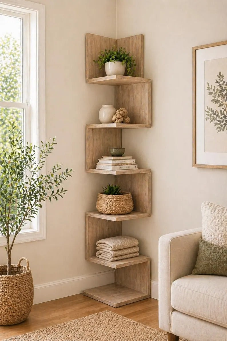 Corner Bookshelf | Solid Wood Modern Corner Shelf