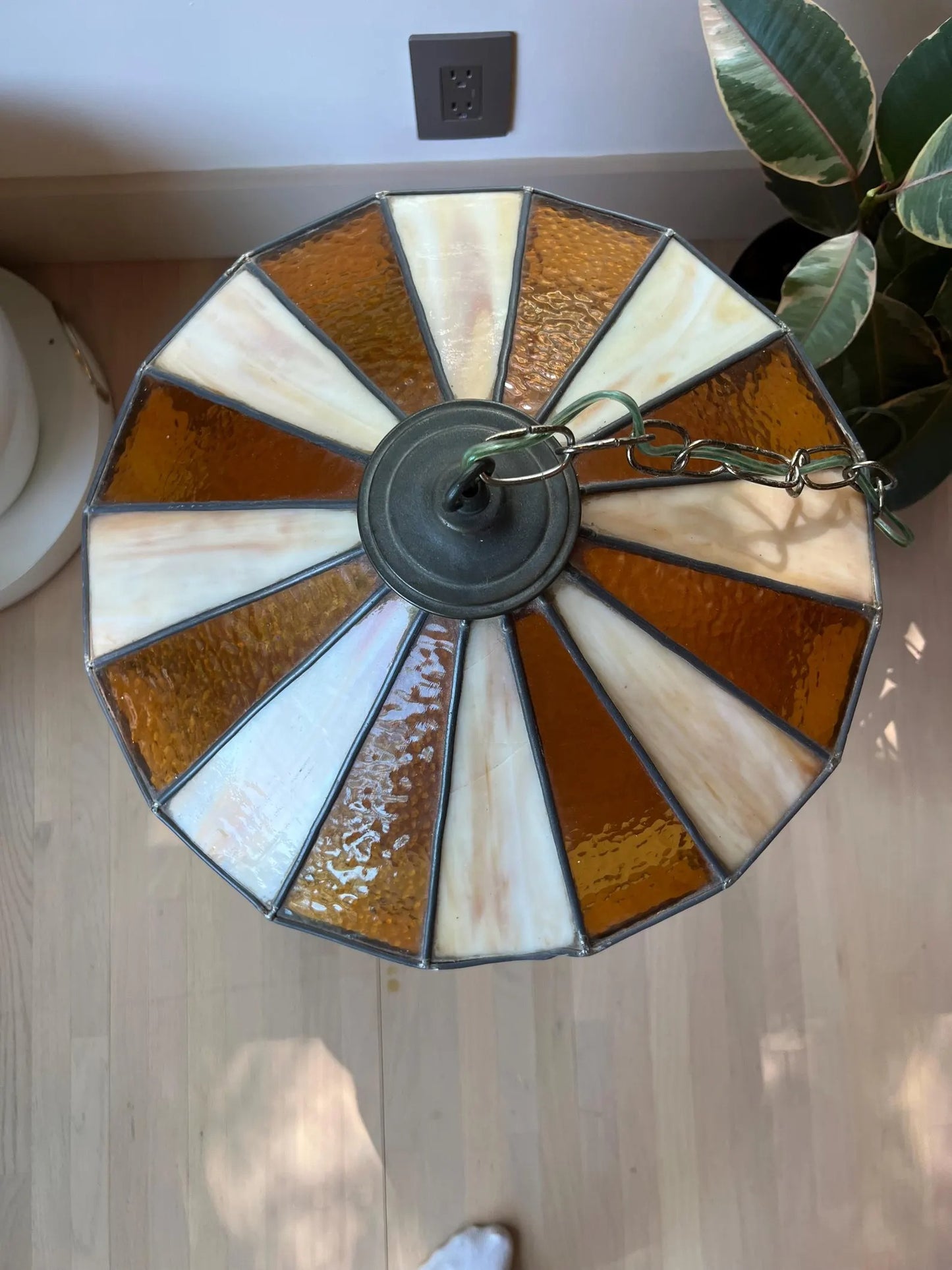 1970s Stained Glass Pendant Lamp: Amber & Cream Geometric Swag Light (Cracked Panel)