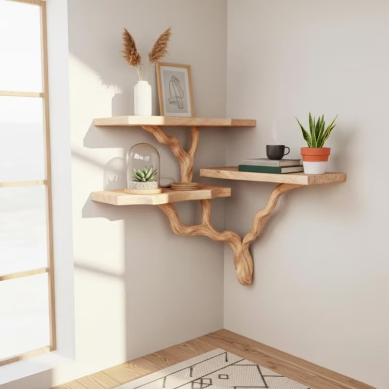 3-Tier Corner Shelf - Rustic Tree Branch Corner Shelf - Boho Style Corner Shelf - Solid Wood Book Shelve - Custom Driftwood Wooden Bookshelf