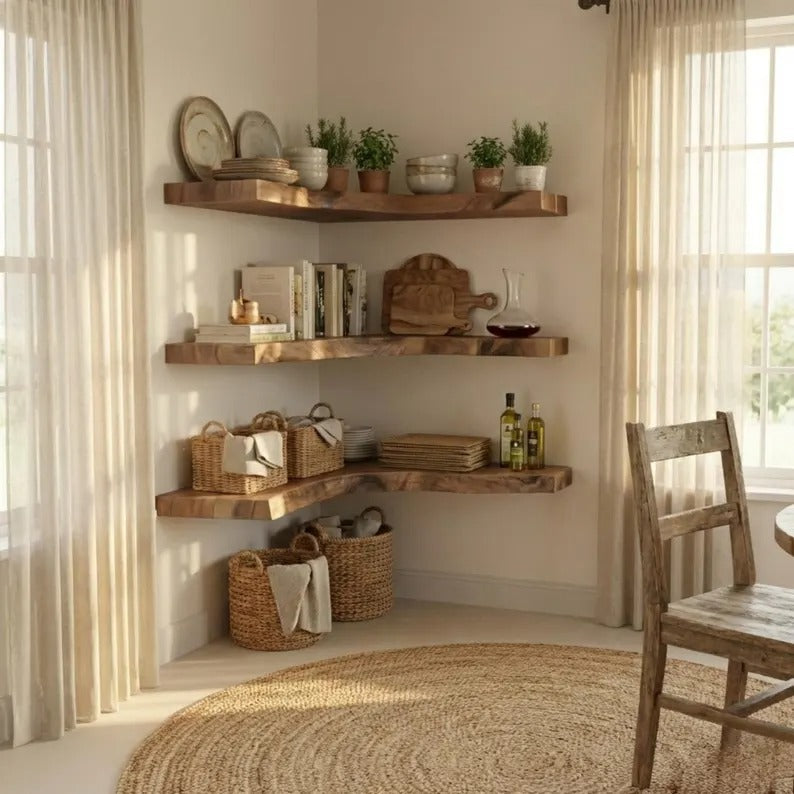 Rustic Teak Root Wood Corner Shelf - Solid Wood Handmade Shelves - Live Edge Dark Walnut Corner Shelf - Live Edge Corner Wall Shelf