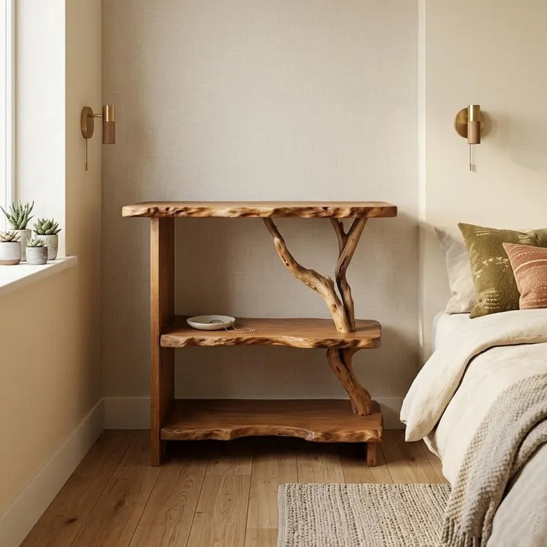 Night stand bookcase solid wood live edge bedside table tree branch book shelf handmade furniture