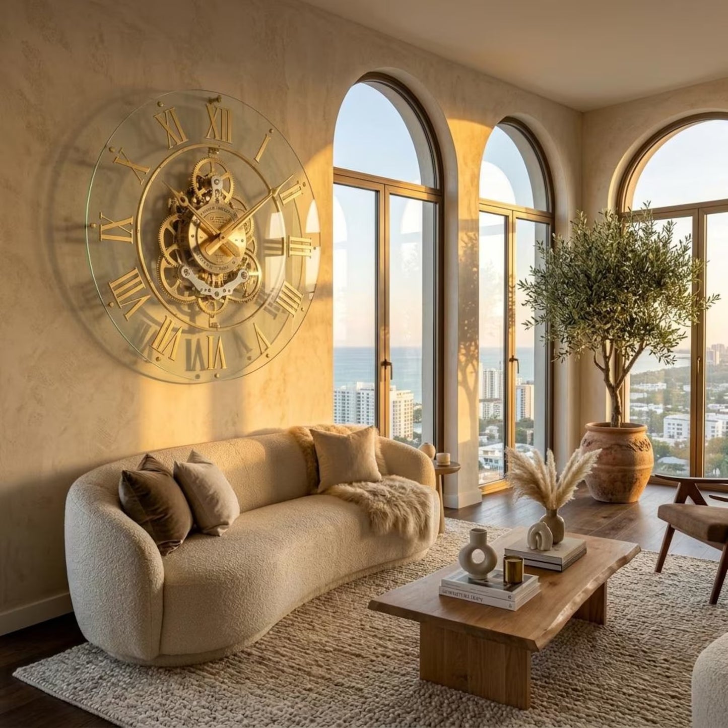Luxury Floating Glass Wall Clock | Gold Skeleton Roman Numeral Timepiece