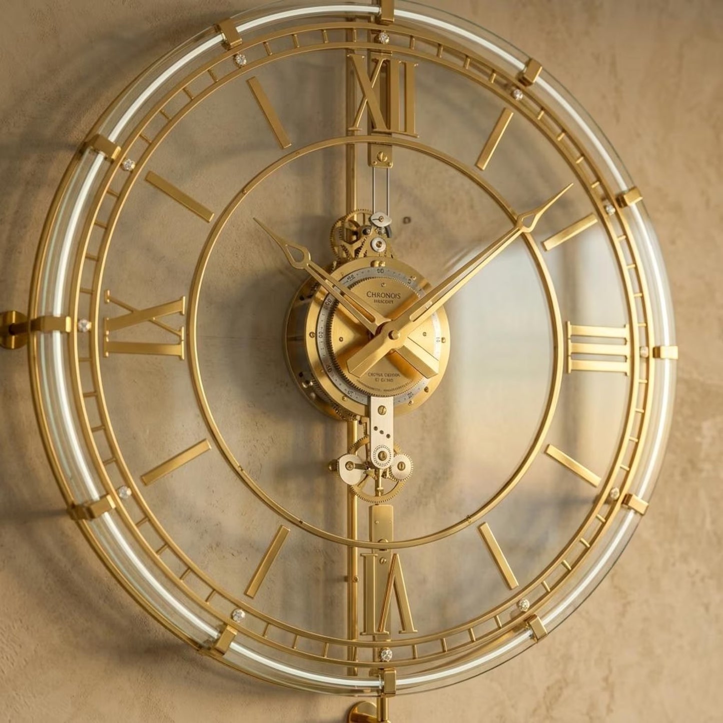 Luxury Floating Glass Wall Clock | Gold Skeleton Roman Numeral Timepiece