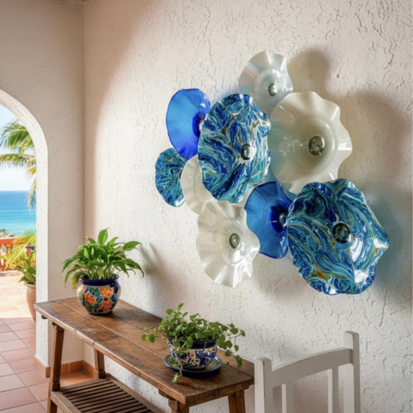 Blown Glass Wall Art: Coastal Inspired Colorful Bowls - 9 Piece Set