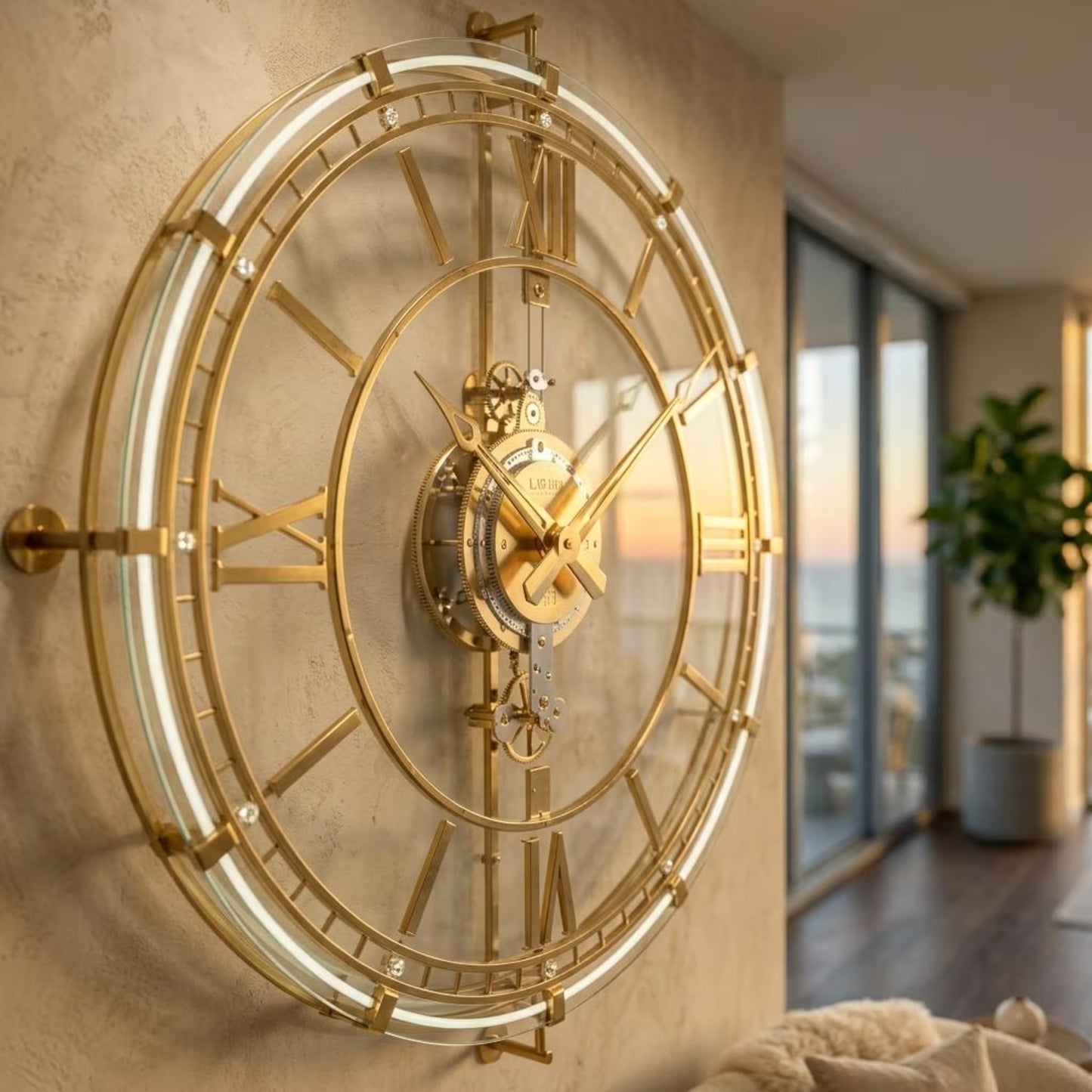 Luxury Floating Glass Wall Clock | Gold Skeleton Roman Numeral Timepiece