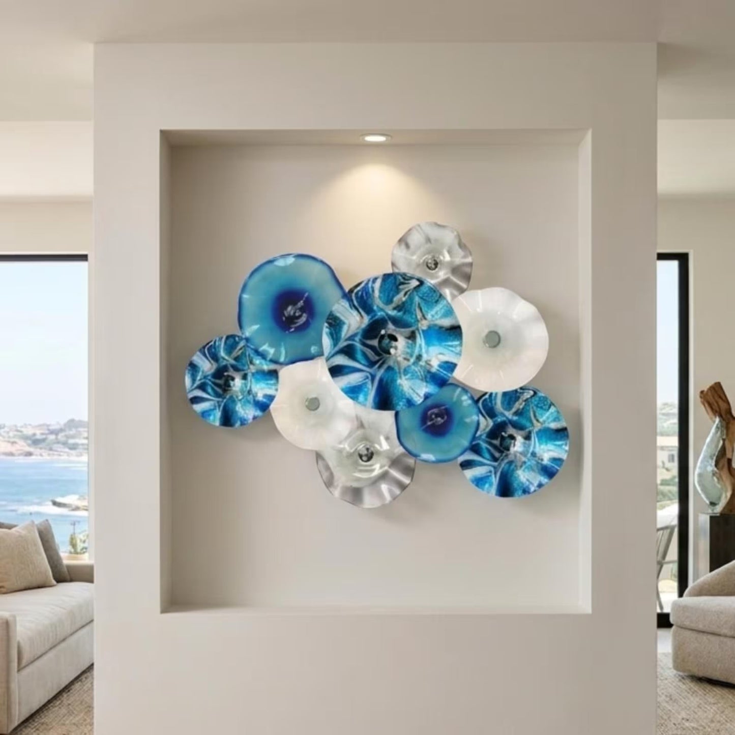 Blown Glass Wall Art: Coastal Inspired Colorful Bowls - 9 Piece Set