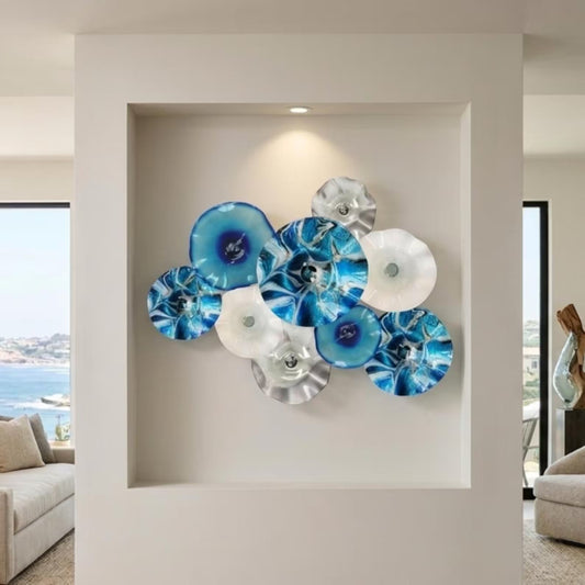 Blown Glass Wall Art: Coastal Inspired Colorful Bowls - 9 Piece Set