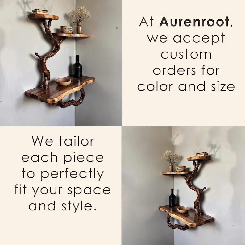 Floating book shelf wood corner tree branch shelves wall mount unique bookshelf decor driftwood art decor for home