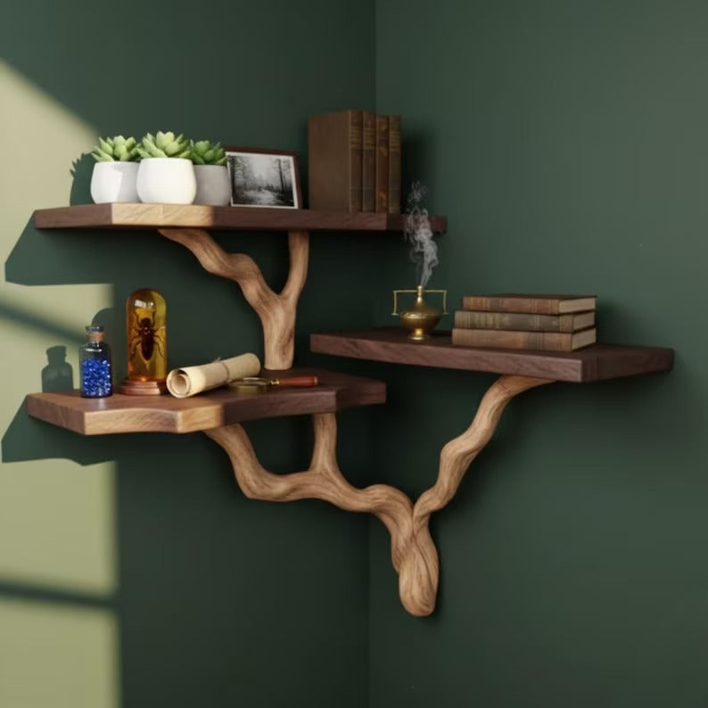 3-Tier Corner Shelf - Rustic Tree Branch Corner Shelf - Boho Style Corner Shelf - Solid Wood Book Shelve - Custom Driftwood Wooden Bookshelf