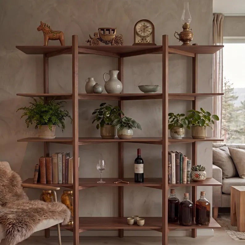 Unique Nordic Wooden Shelf, Exclusive Handmade Bookshelf, Minimalist Solid Wood Display Rack, Modern Home Decor Storage Unit L1111NZ