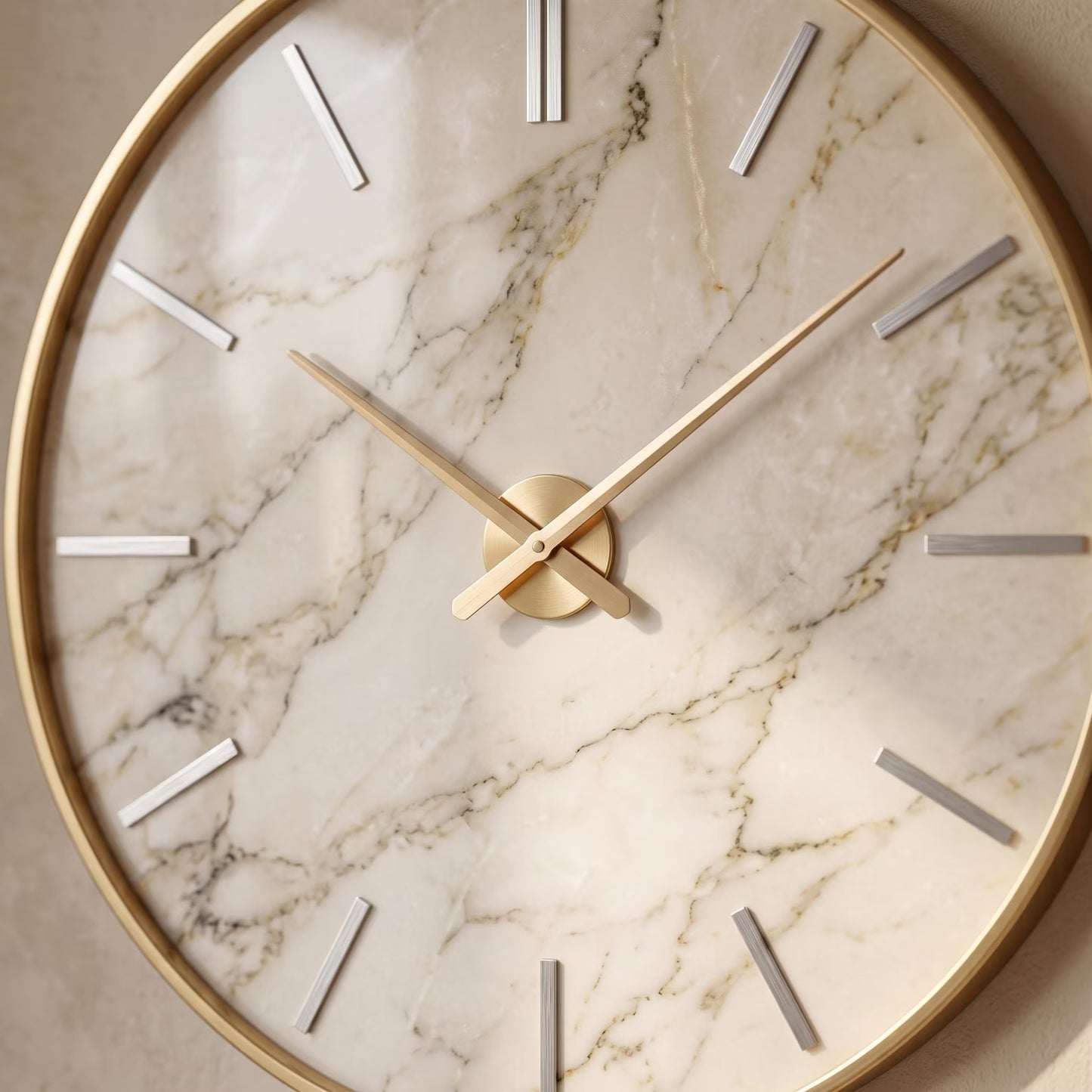Oversized Beige Marble Wall Clock | Gold Frame Minimalist Living Room Art
