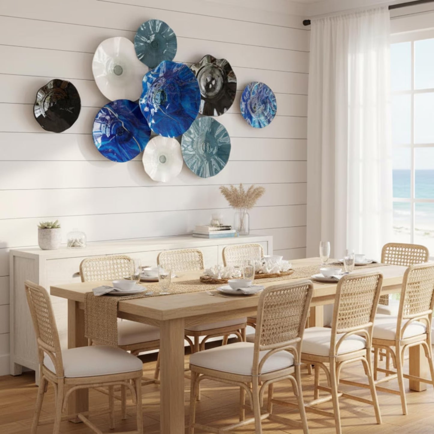 Blown Glass Wall Art: Coastal Inspired Colorful Bowls - 9 Piece Set