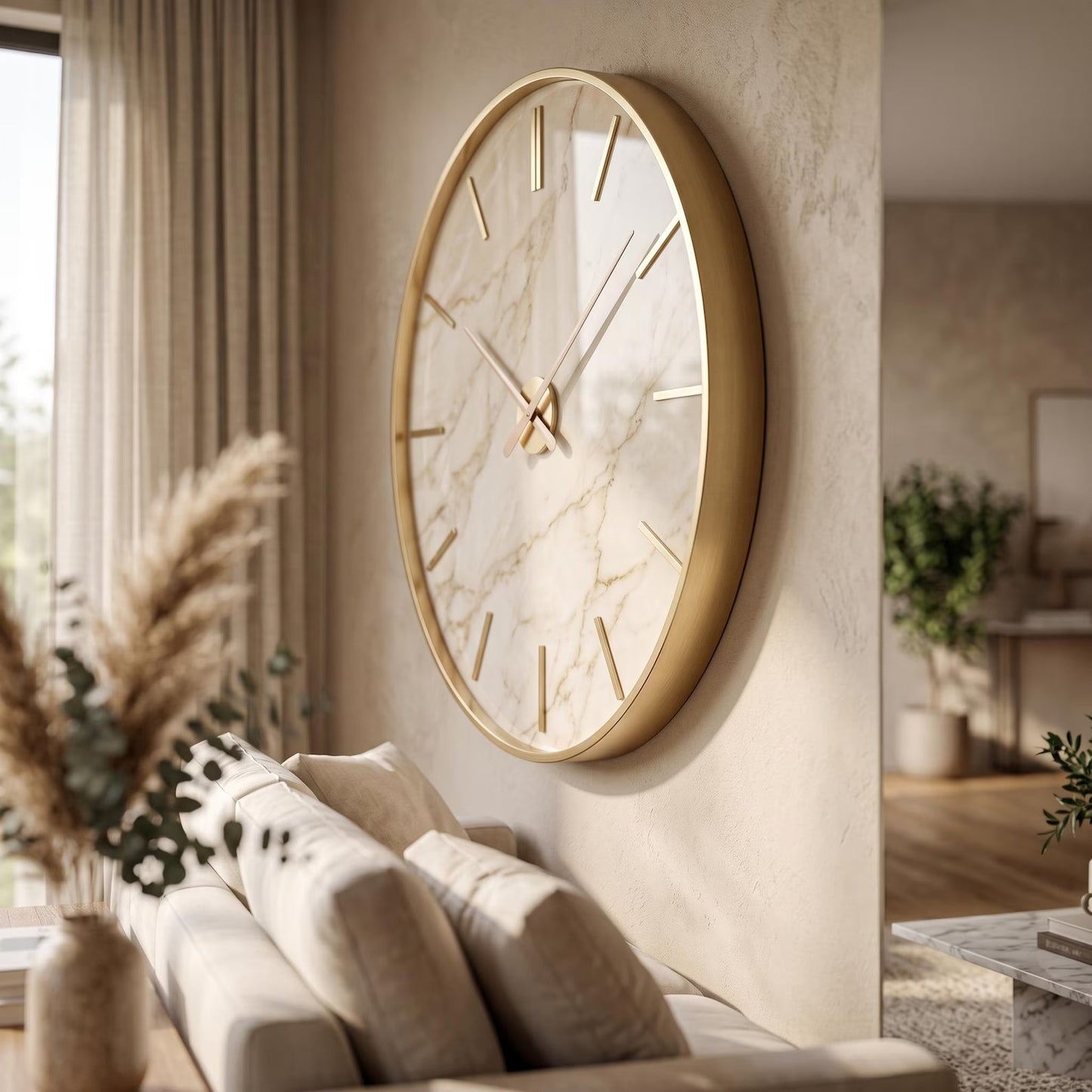 Oversized Beige Marble Wall Clock | Gold Frame Minimalist Living Room Art