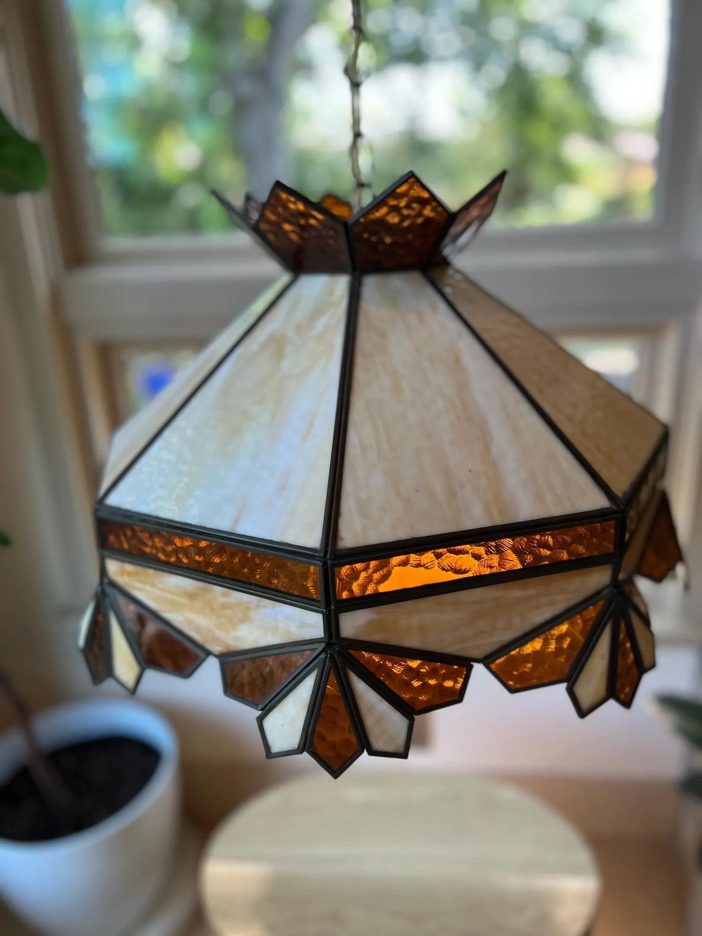 Vintage 1970s Stained Glass Pendant Lamp: Amber Cream Geometric ChandelierOLD -
