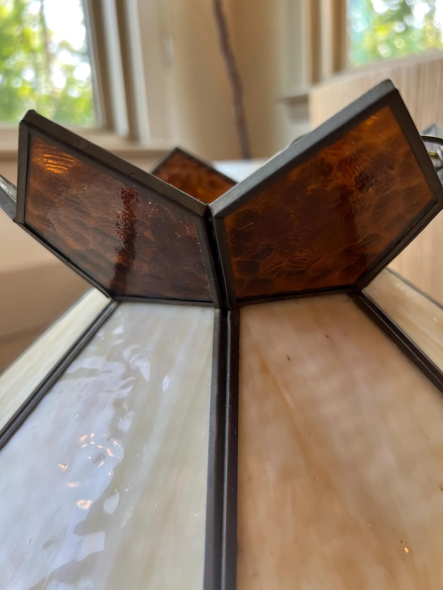 Vintage 1970s Stained Glass Pendant Lamp: Amber Cream Geometric ChandelierOLD -