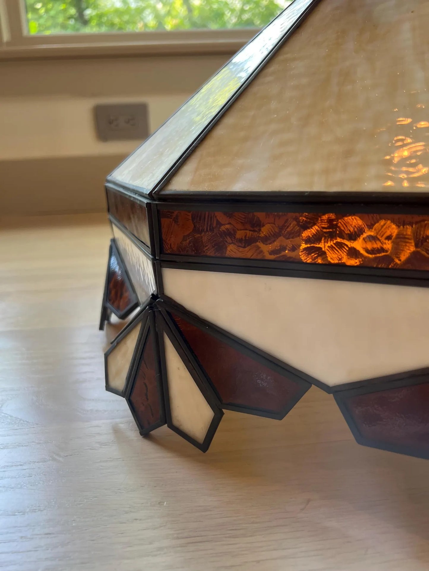 Vintage 1970s Stained Glass Pendant Lamp: Amber Cream Geometric ChandelierOLD -