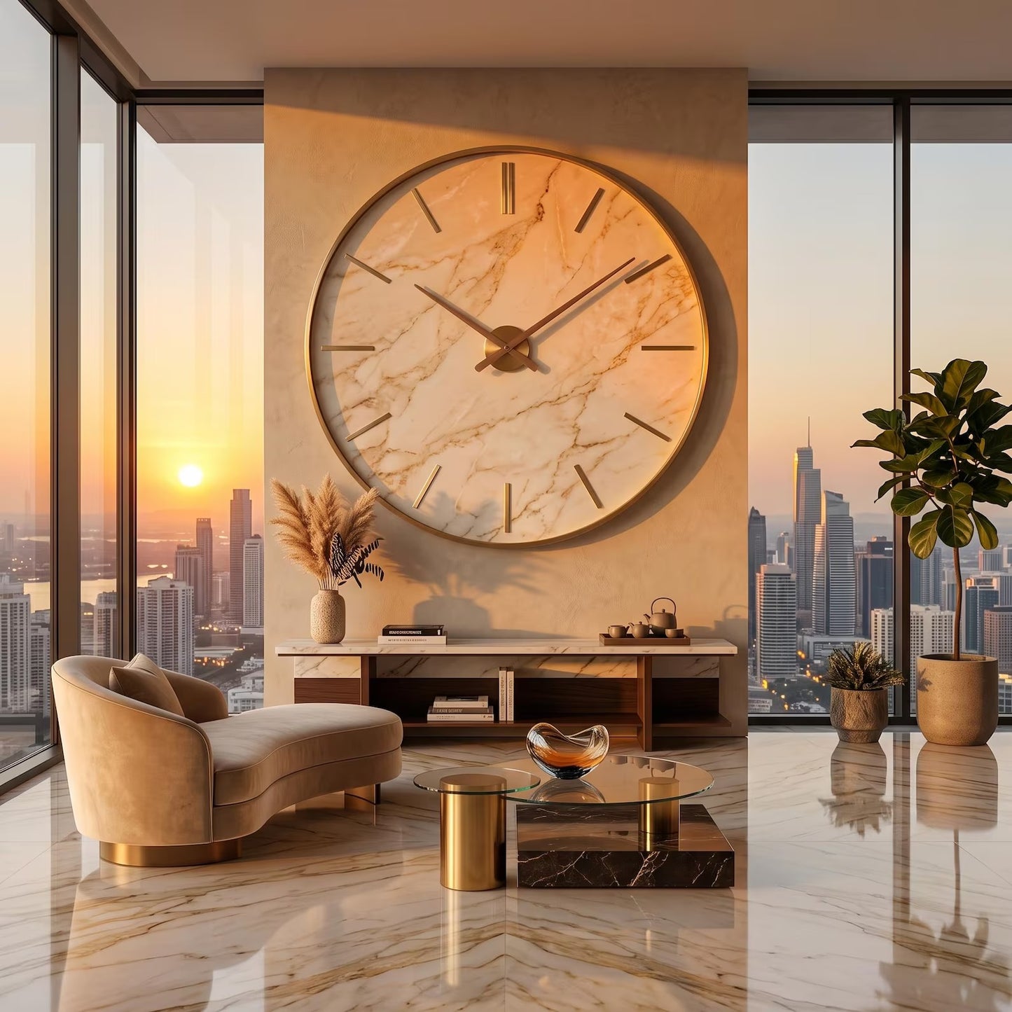 Oversized Beige Marble Wall Clock | Gold Frame Minimalist Living Room Art
